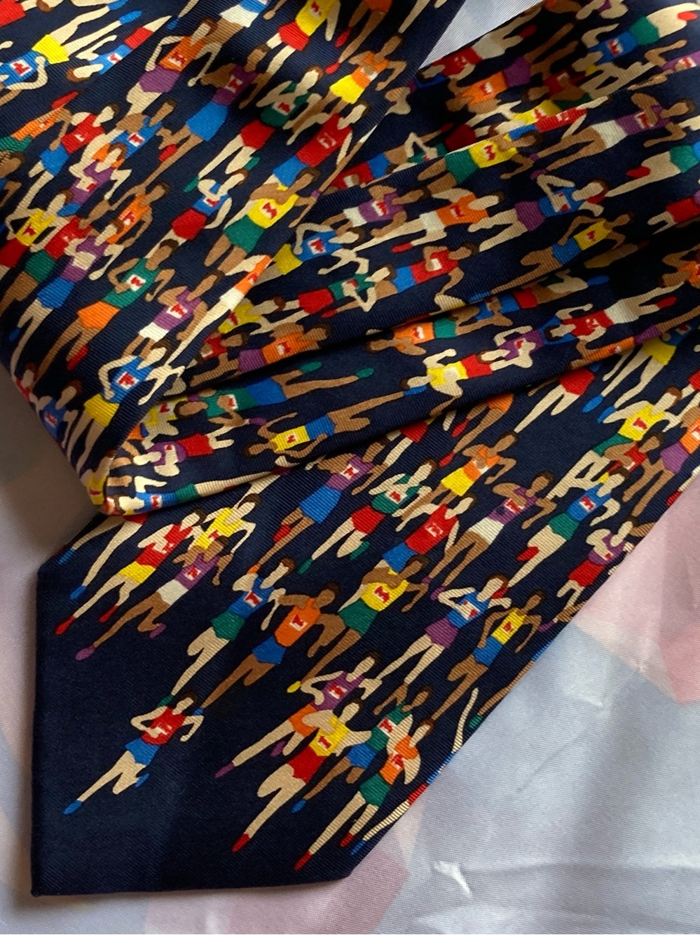 Alynn Neckwear 100% Silk Marathon Print Tie in Navy with Multicolor Figures - Picture 3 of 10